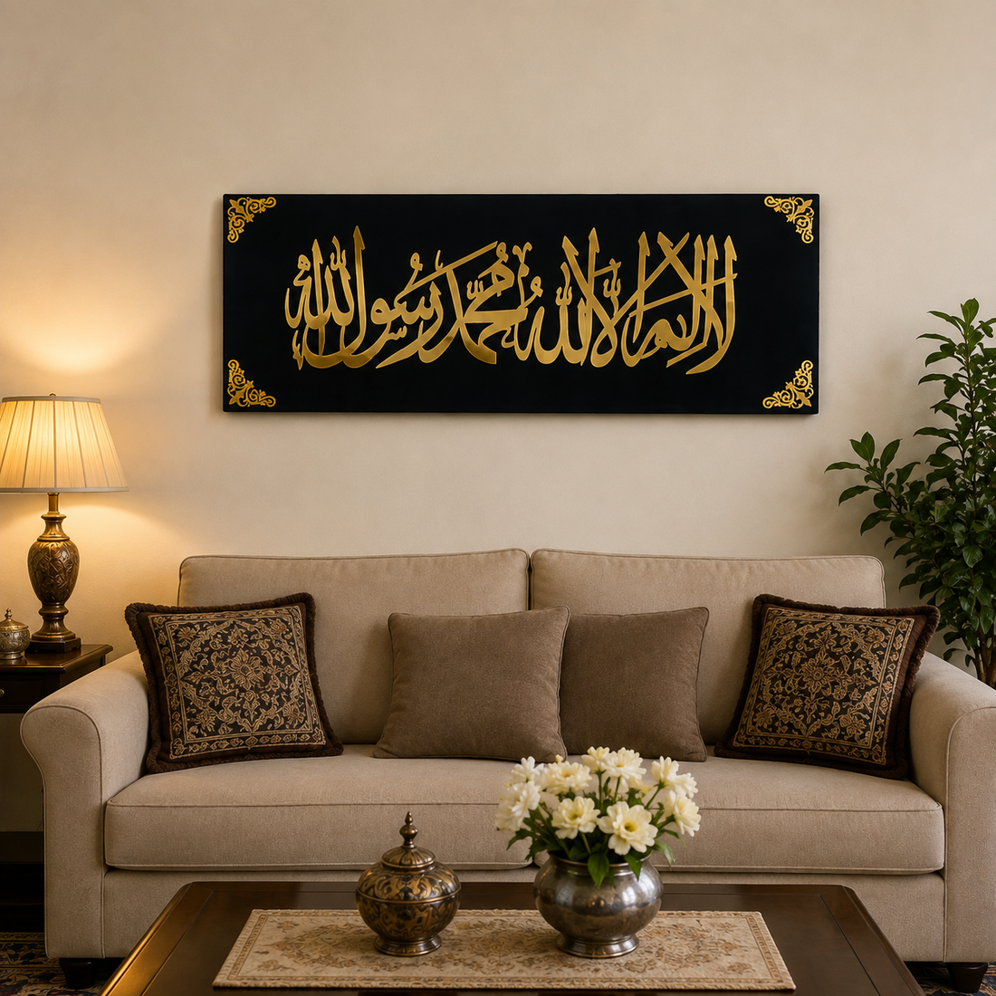 Islamic Wall Art – Black & Gold Arabic Shahada Calligraphy Wall Hanging 28 x 12 Inch | Muslim Home Decor for Living Room, Bedroom, Office & Prayer Room | Eid, Ramadan, Nikah, Wedding & Housewarming Gift