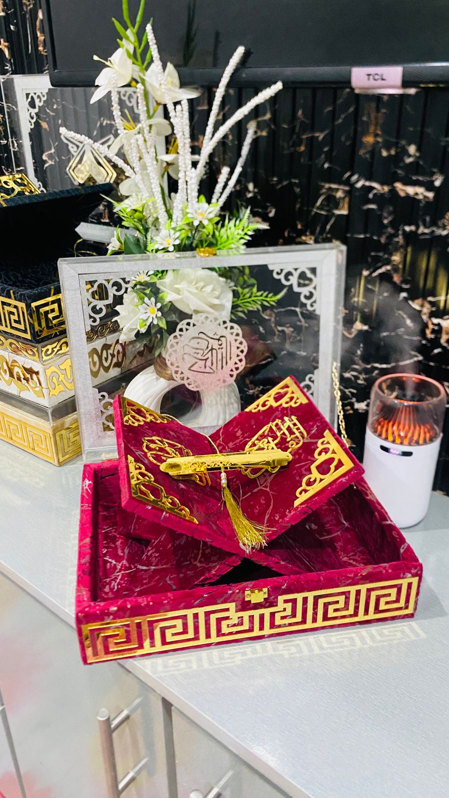 Mehroon Acrylic Quran Box Set – Luxury Velvet Islamic Gift Box with Rehal