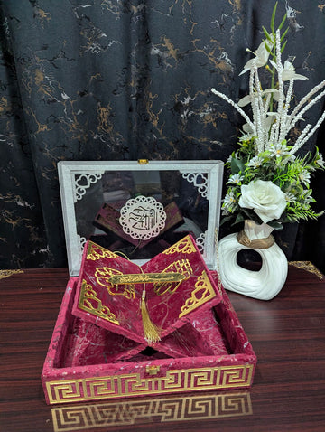 Mehroon Acrylic Quran Box Set – Luxury Velvet Islamic Gift Box with Rehal