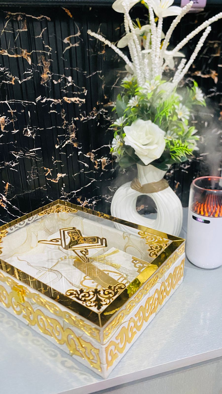 White Acrylic Display Quran Box Set – Luxury Islamic Gift Box with Velvet Rehal
